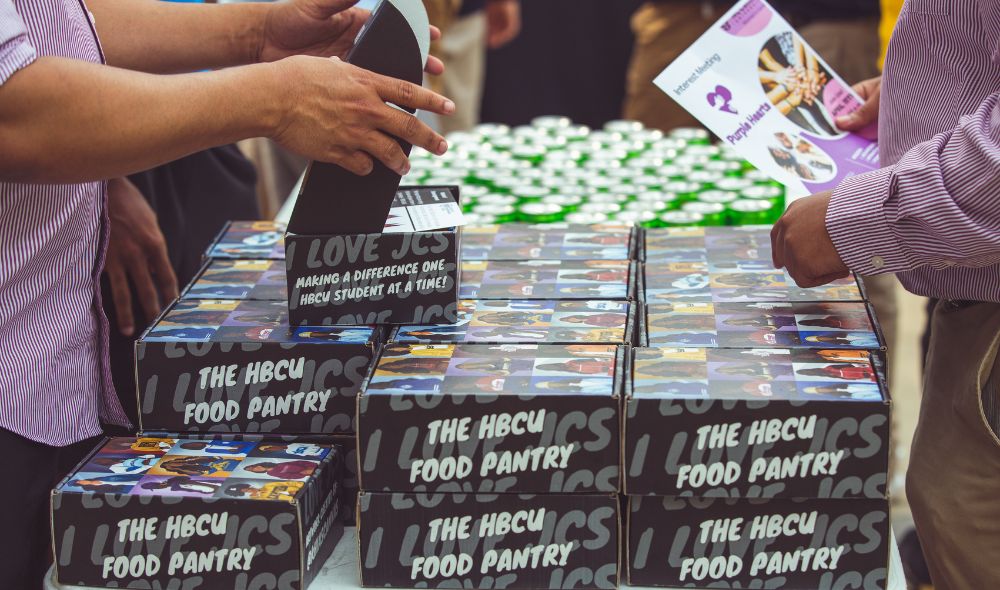 Picture of cardboard boxes with HBCU Food Pantry written on the box.