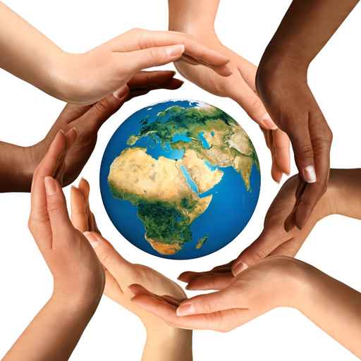 a group of hands encircling the globe together 