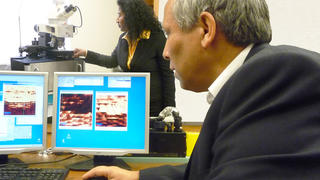 Dr. Karoui in lab sitting behind a monitor.