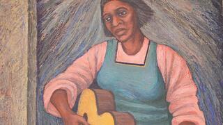 Elizabeth Catlett painting of woman with musical instrument