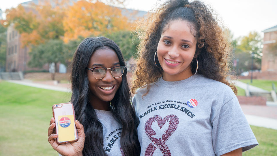 NCCU students with voting stickers